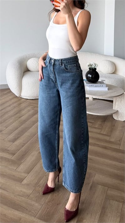 Yüksek Bel Yıkamalı Balon Jean Mavi 2530