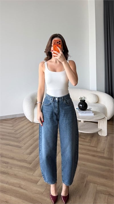 Yüksek Bel Yıkamalı Balon Jean Mavi 2530