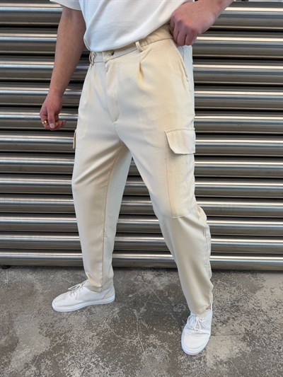  Bej Yan Cepli Havuç Kesim Kumaş Pantolon -5023