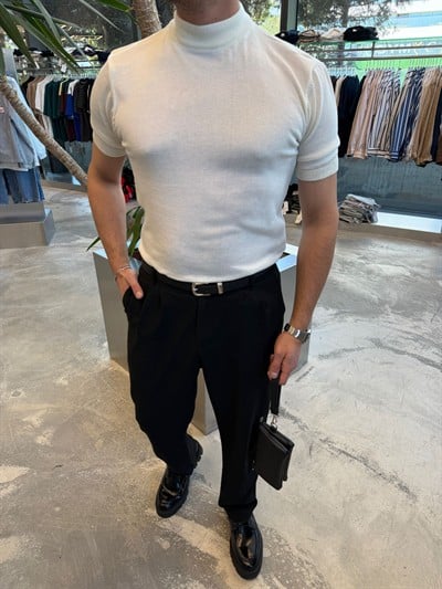  Beyaz Balıkçı Yaka Triko Kumaş T-shirt -S7012