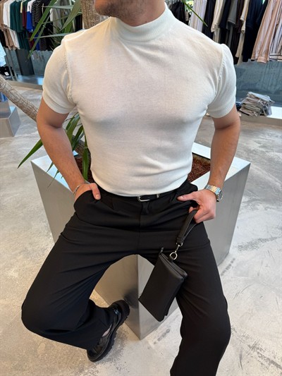  Beyaz Balıkçı Yaka Triko Kumaş T-shirt -S7012