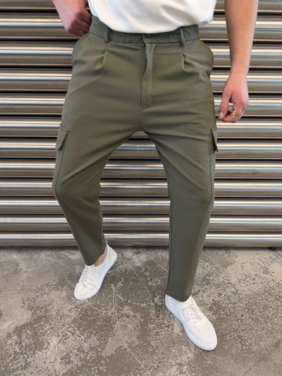  Haki Yan Cepli Havuç Kesim Kumaş Pantolon -5023