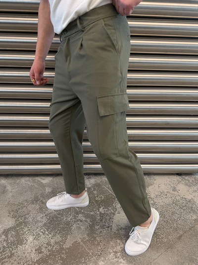  Haki Yan Cepli Havuç Kesim Kumaş Pantolon -5023