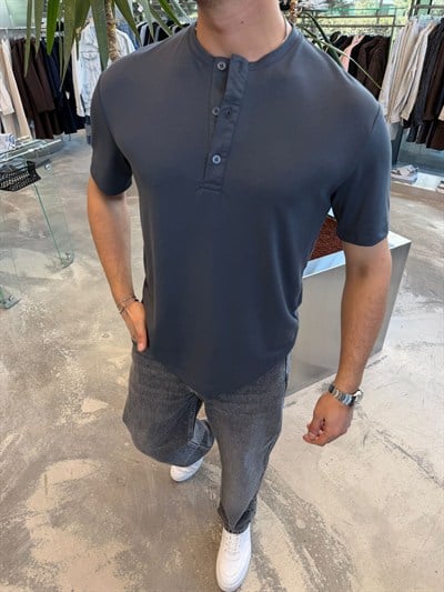 Antrasit Yaka Düğmeli Modal T-Shirt -SPF3045