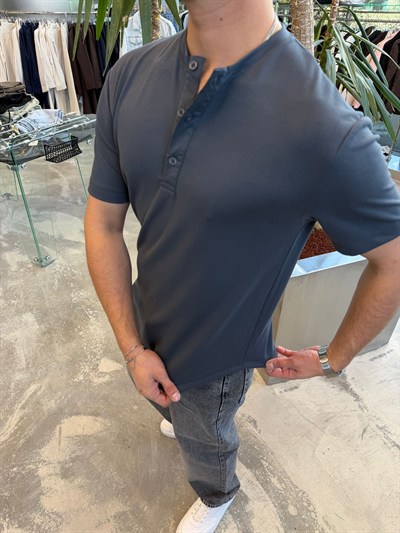 Antrasit Yaka Düğmeli Modal T-Shirt -SPF3045