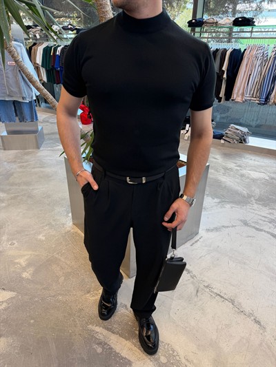 Siyah Balıkçı Yaka Triko Kumaş T-Shirt