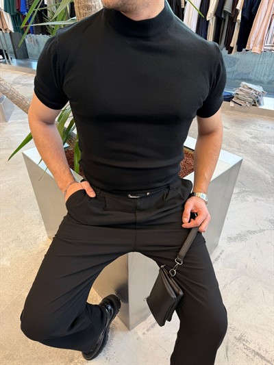 Siyah Balıkçı Yaka Triko Kumaş T-Shirt