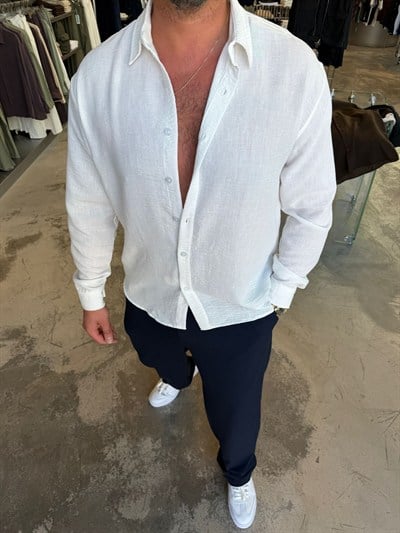 Beyaz Bambu Keten Gömlek SPF5005