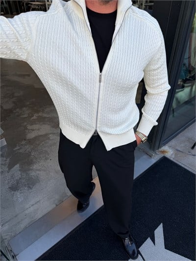 Beyaz Çelik Örme Çift Fermuar Hırka MR2850