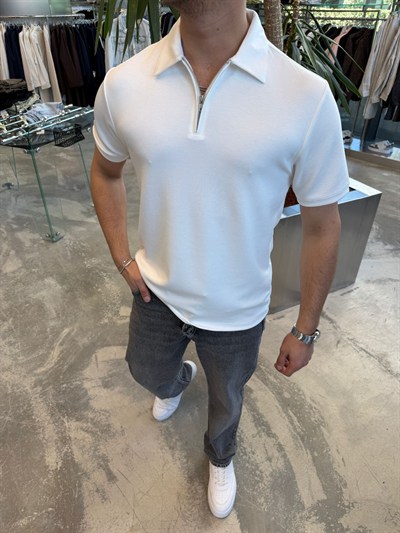 Beyaz Fermuarlı Yakalı Modal T-Shirt -SPF3040