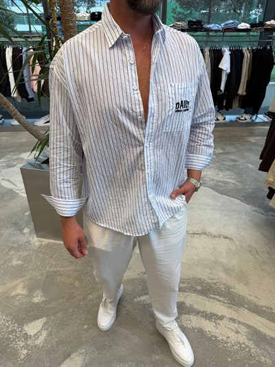 Beyaz GG Daily Baskılı Çizgili Oversize Gömlek 