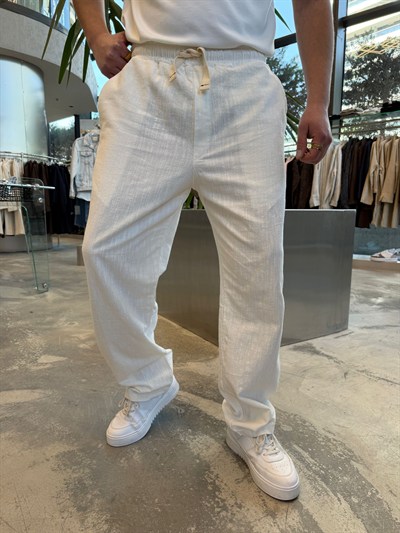 Beyaz GG Logolu Keten Baggy Pantolon