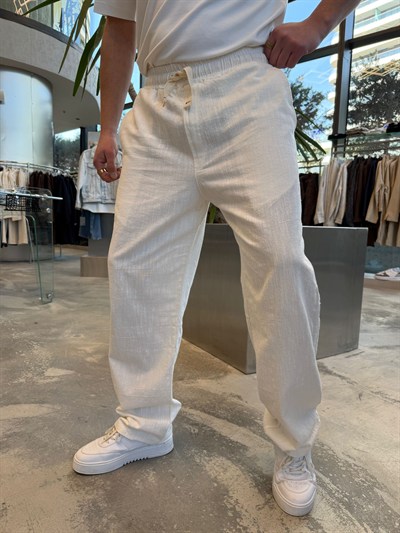 Beyaz GG Logolu Keten Baggy Pantolon