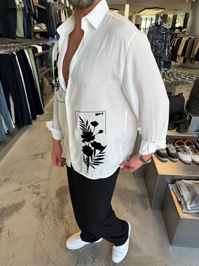 Beyaz Kafide Baskılı  Gömlek