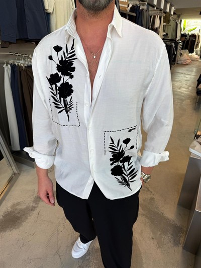 Beyaz Kafide Baskılı  Gömlek