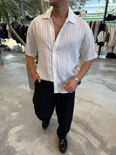 Beyaz Kısa Kollu Çizgili Keten Gömlek E40-34