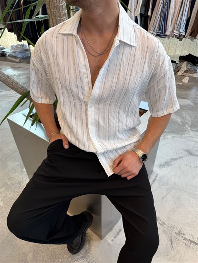 Beyaz Kısa Kollu Çizgili Keten Gömlek E40-34