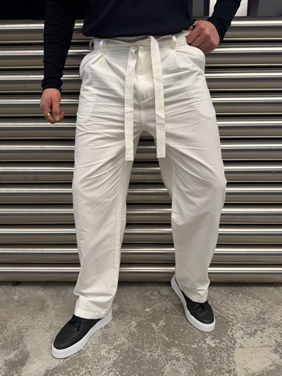 Beyaz Kuşaklı Model Kumaş Pantolon -2512-261063