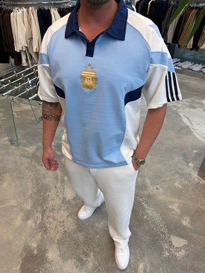 Mavi-Beyaz Argentina Polo Yaka Forma T-Shirt