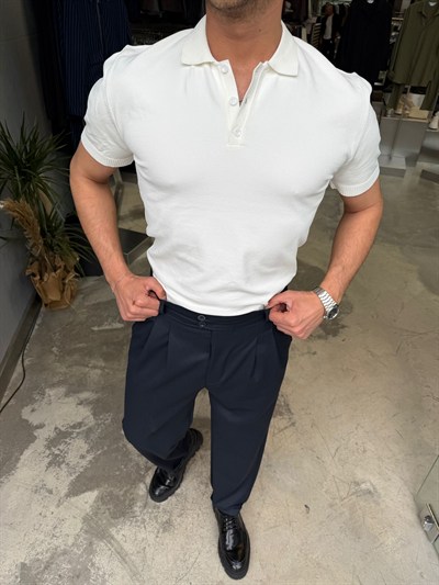 Beyaz Pamuk Elmas Kumaş Premium Kalite Yakalı T-Shirt SNZ1015