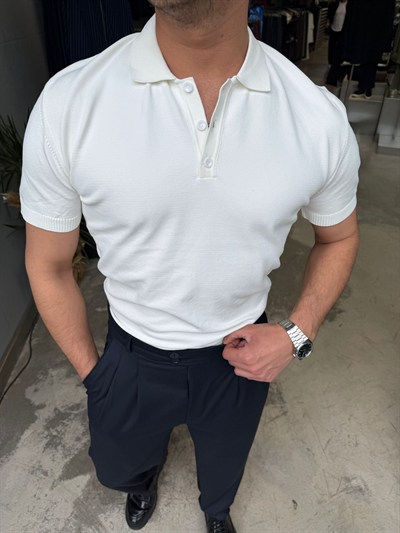 Beyaz Pamuk Elmas Kumaş Premium Kalite Yakalı T-Shirt SNZ1015