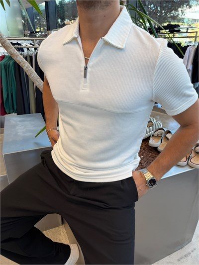 Beyaz Polo Yaka Fitilli T-Shirt