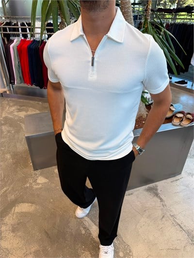 Beyaz Polo Yaka Fitilli T-Shirt