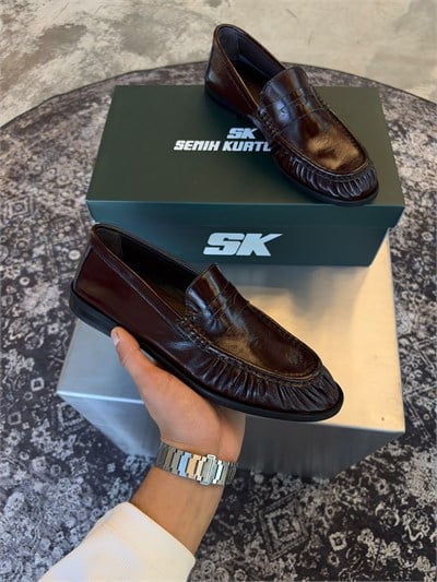 Bordo %100 Dana Derisi Büzgülü Loafer SK-99