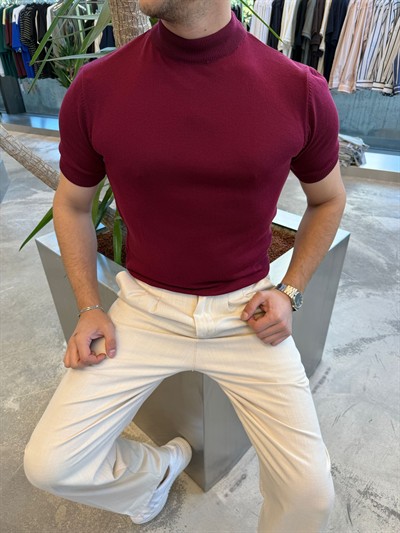 Bordo Balıkçı Yaka Triko Kumaş T-shirt -S7012