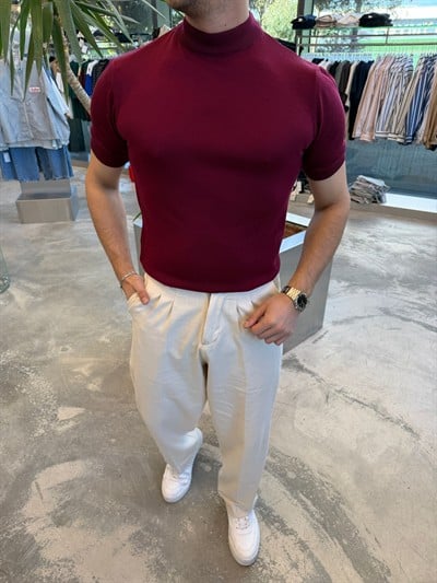 Bordo Balıkçı Yaka Triko Kumaş T-shirt -S7012