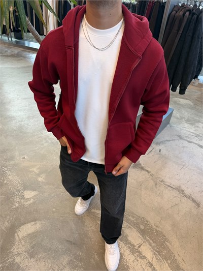 Bordo Basic Fermuarlı Kapişonlu Sweat SP78