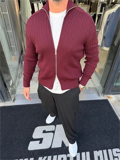 Bordo Çelik Örme Çift Fermuar Hırka MR2850