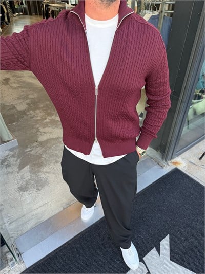 Bordo Çelik Örme Çift Fermuar Hırka MR2850