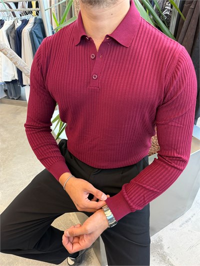 Bordo Yakalı Düğmeli Pamuk Triko G17202
