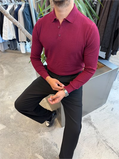 Bordo Yakalı Düğmeli Pamuk Triko G17202