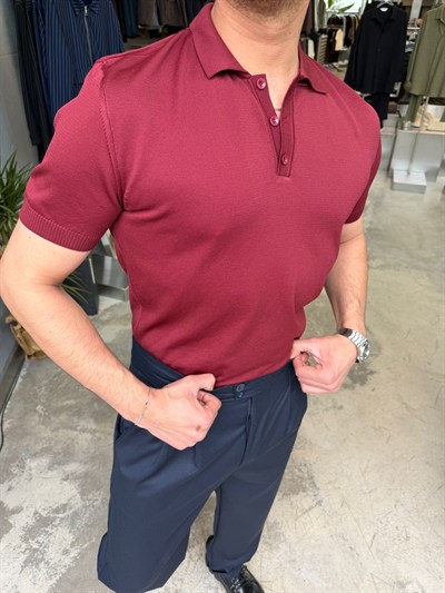 Bordo Pamuk Elmas Kumaş Premium Kalite Yakalı T-Shirt SNZ1015
