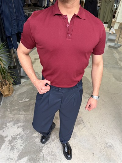 Bordo Pamuk Elmas Kumaş Premium Kalite Yakalı T-Shirt SNZ1015