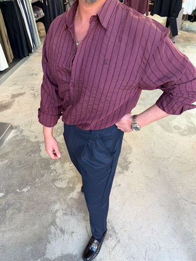 Bordo Pile Çizgili Gömlek RT7078