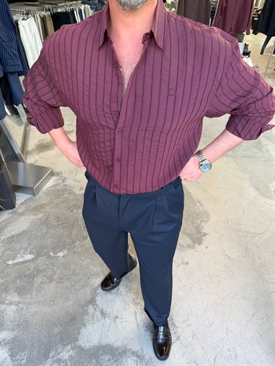 Bordo Pile Çizgili Gömlek RT7078