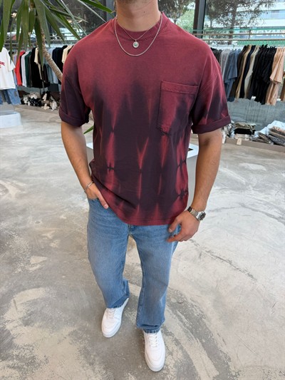 Bordo Yıkamalı Cepli T-Shirt E7165