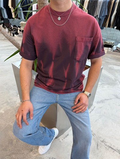 Bordo Yıkamalı Cepli T-Shirt E7165