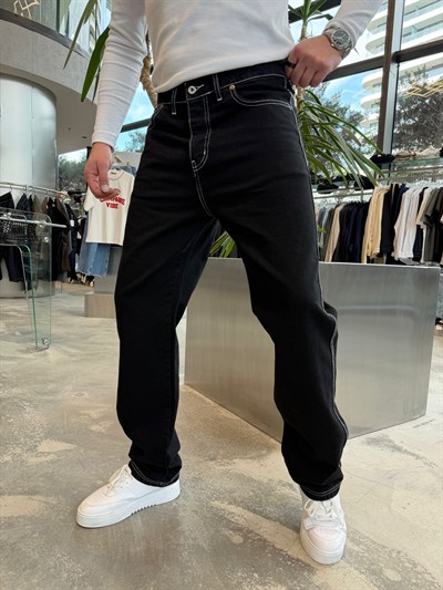 Detaylı Siyah Baggy Kot Pantolon -W464