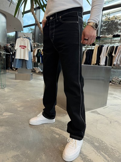 Detaylı Siyah Baggy Kot Pantolon -W464