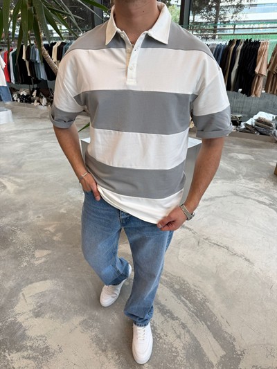 DND Gri Parçalı Kumal Yakalı T-Shirt -E70-082