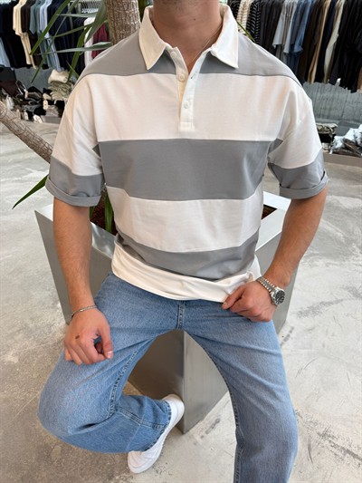 DND Gri Parçalı Kumal Yakalı T-Shirt -E70-082