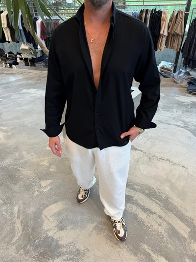 Siyah Fresh Keten Gömlek -G5138