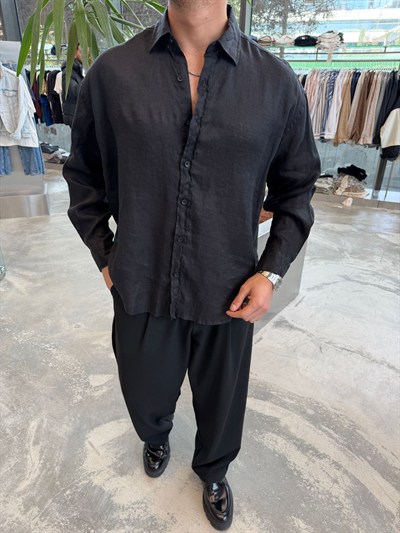 Siyah GG HAM KETEN GÖMLEK -G5706