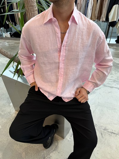 Pembe GG Ham Keten Gömlek -G5706