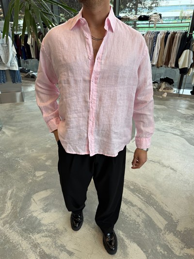 Pembe GG Ham Keten Gömlek -G5706