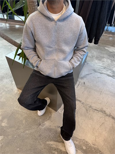 Gri Basic Fermuarlı Kapişonlu Sweat SP78